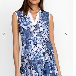 Johnny Was Blue and White Geometric Floral Top